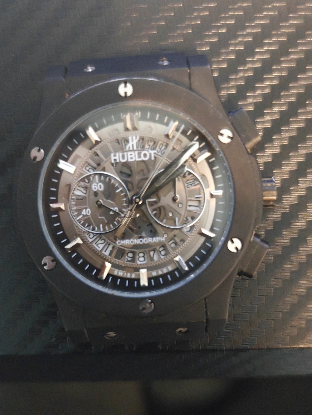 Hublot Black and Silver Skeleton Dial Chronograph Watch - Not Working - No Strap